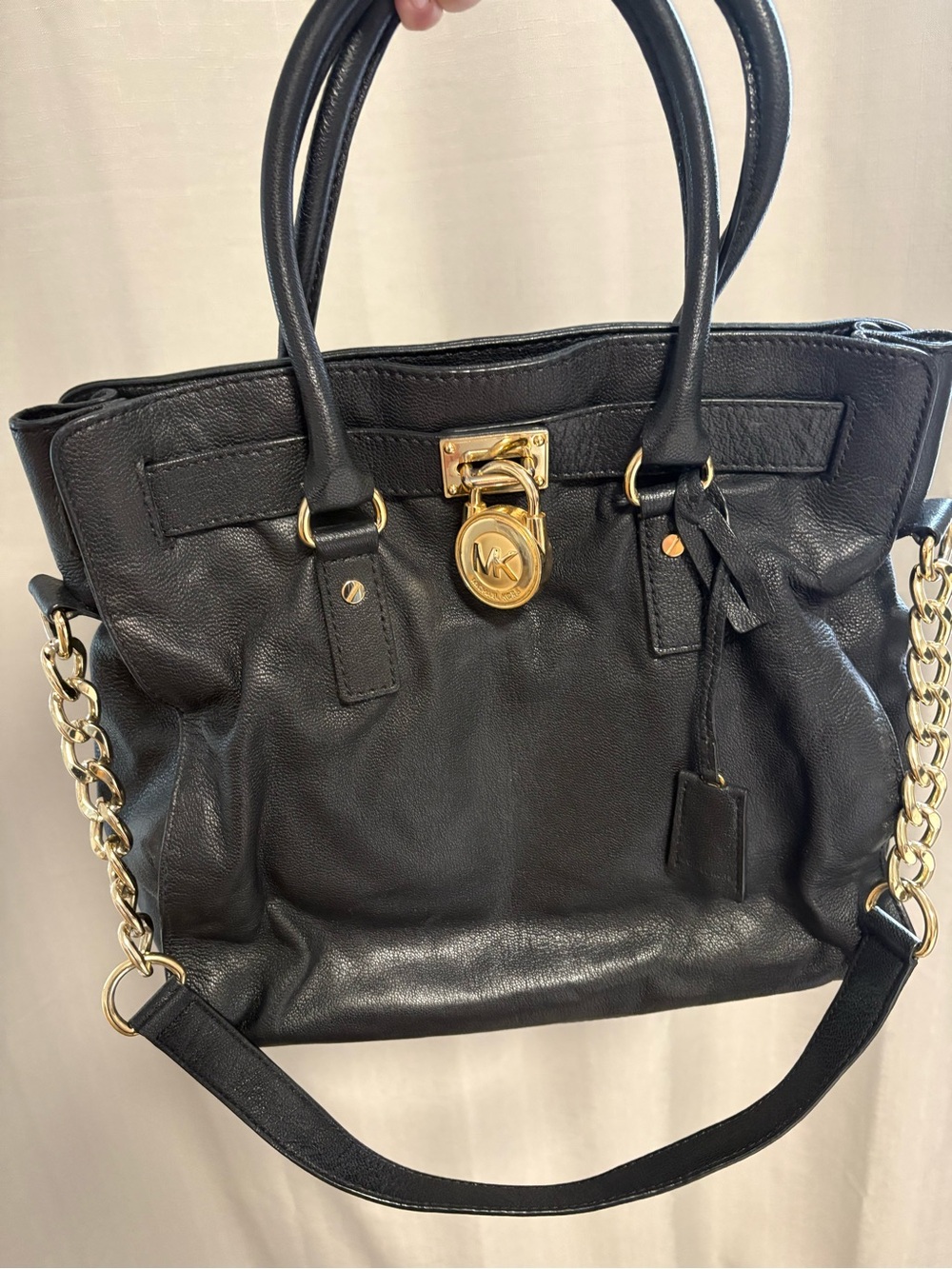 Michael Kors Black Leather Tote with Gold-Tone Hardware and Chain Strap